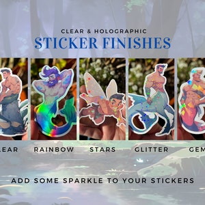 May include: Five different sticker finishes are shown: clear, rainbow, stars, glitter, and gems. Each sticker features a mermaid illustration.