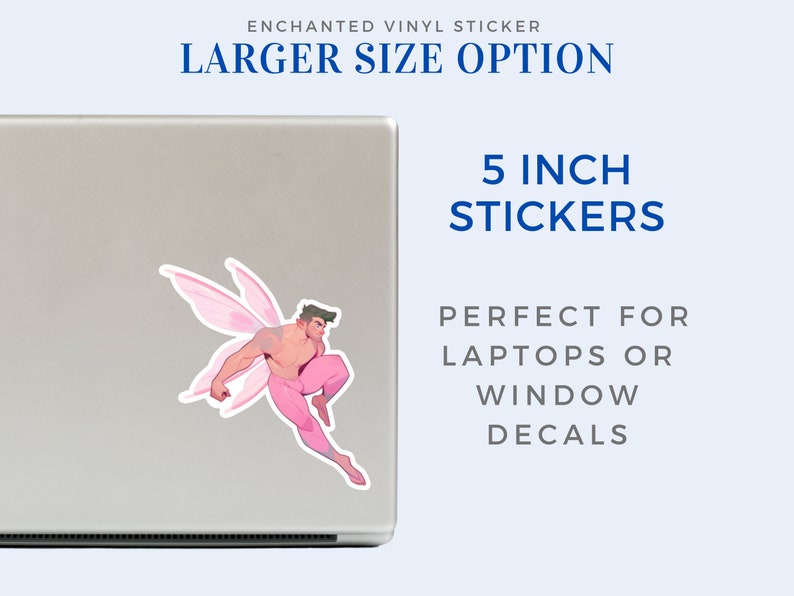 May include: A 5 inch vinyl sticker featuring a pink fairy with a muscular, bare-chested male body. The fairy is flying with wings spread and has a determined expression. The sticker is perfect for laptops or windows.