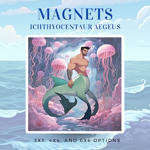 Pode incluir: Um conjunto de ímãs com um centauro masculino de cauda verde e pele azul, com um torso humano e uma cauda de peixe. O centauro está de pé em uma caverna com coral rosa e águas-vivas. O texto "MAGNETS" e "ICHTHYOCENTAUR AEGEUS" está na parte superior da imagem. O texto "3X3, 4X4, AND 6X6 OPTIONS" está na parte inferior da imagem.