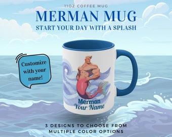 Personalized Merman Name Mug - Custom Two-Tone Coffee Mug with Your Name - 3 Unique Merman Design Options - 11oz Accent Mug