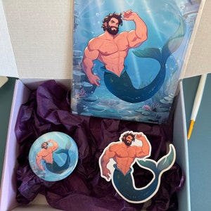 Merman Collector&#39;s Box Set - Each bundle includes a 5x7 Wall Art Print, 2.25&quot; Button & 3 inch Sticker. Merman Gift
