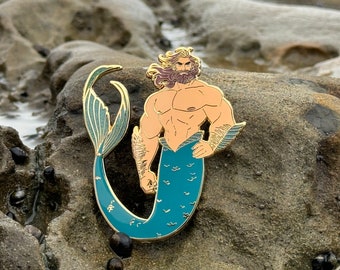 Merman Enamel Pin Featuring Nereus | Collectors Fantasy Hard Enamel Design with Glitter and Screen Printing Details | 2.75&quot; Size