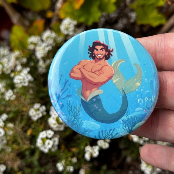 Merman Pin Back Button, featuring Lucas. Perfect for backpack, jacket, or collector boards. Collect all our Characters. Perfect Merman Gift