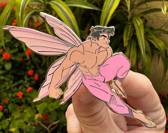 Fairy Boy Hard Enamel Fantasy Pin - Featuring Rafferty - 2.75&#39;&#39; - Glitter and Screen Print Design
