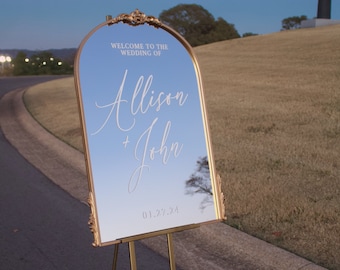Elegant Gold Arch Mirror with Flourish + Custom Trendy Wedding Welcome Sign + Personalized Vinyl Mirror Decal | Wedding Mirror Sign