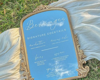 Custom Cocktail Bar Menu for Weddings, Customized Vinyl Wedding Signs, Signature Cocktail List on Small Gold Arch Mirror for Wedding Signage