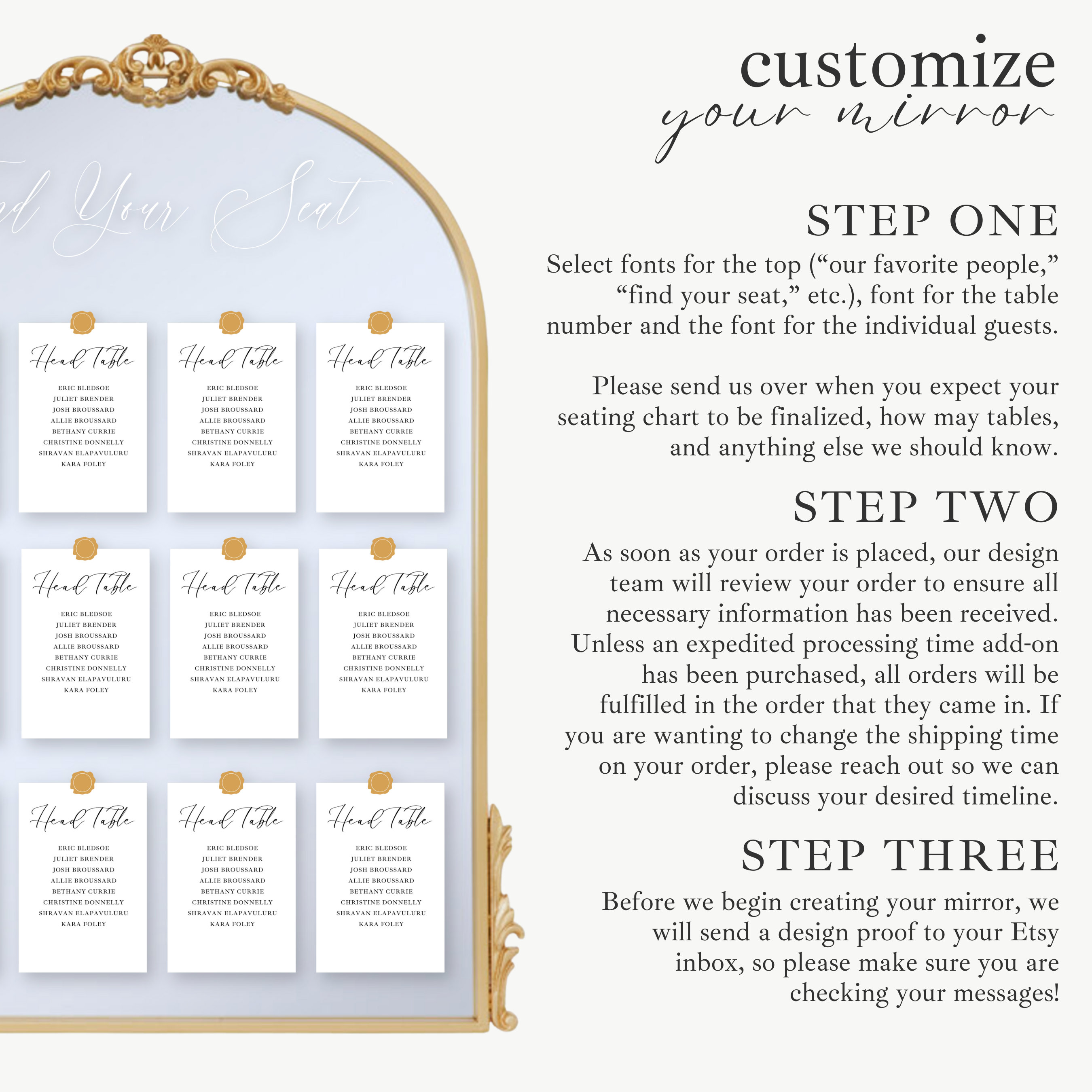 Gold Mirror Customized Seating Chart for Wedding, Elegant Guest Seating ...