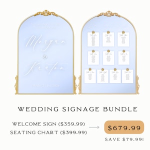 May include: A wedding signage bundle with a welcome sign and seating chart. The signs are displayed in gold-framed arched mirrors with a light blue background. The welcome sign reads "Welcome to the Wedding of Morgan & Keaton March 16, 2024". The seating chart is displayed on a mirror with a grid of white cards with black text.