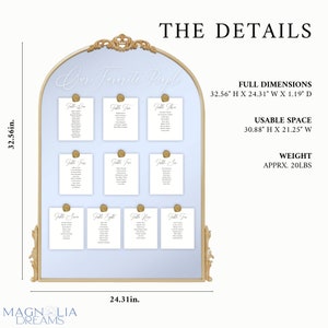May include: A light blue seating chart with a gold ornate frame. The chart is 32.56 inches tall and 24.31 inches wide. The chart has 10 white cards with the text "Table One" through "Table Ten" and a list of names on each card. The chart has the text "Our Favorite People" at the top.