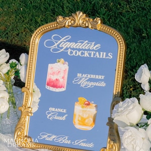 wedding mirror signage, bar menu, bar menu for wedding, wedding drink menu, mirror welcome sign wedding, menu bar, mirror for wedding sign, mirror sign wedding, bar menu sign, wedding bar menu sign, his and her drinks, custom bar menu sign, his and hers signature drinks, wedding bar menu ideas, cocktail menu for wedding, alcohol list wedding, bar menu signs wedding