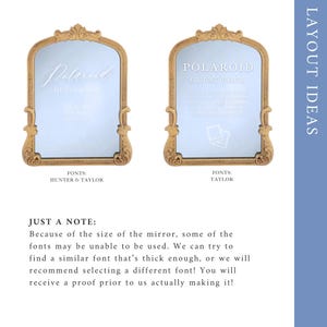 A gold wedding mirror being used as decoration for a wedding entrance table that has a polaroid guest book on it, with the wedding mirror having custom vinyl decal words on it that prompt wedding guests to leave a polaroid and a message as an alternative wedding guest book ideas.