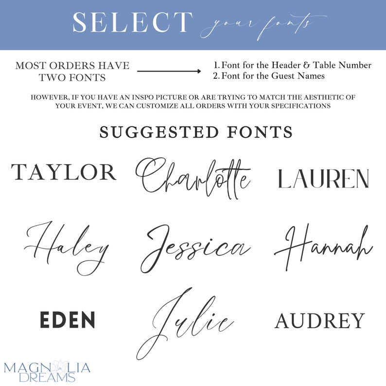 May include: A graphic with the text "SELECT your fonts" and a list of suggested fonts for wedding invitations. The fonts are displayed in a variety of styles, including script, sans serif, and serif.