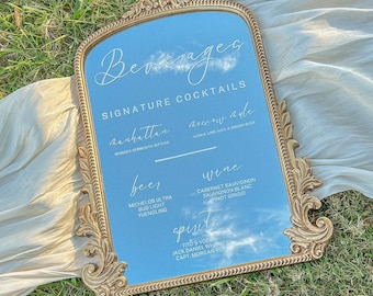 Custom Cocktail List for Wedding on Gold Arch Mirror with Custom Signature Drinks and Beverages Elegant Bar Menus and Alcohol List Bars