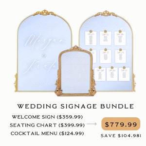 May include: A wedding signage bundle with three gold-framed mirrors. The welcome sign reads "Welcome to the Wedding of Morgan & Keaton, March 16, 20". The seating chart is blank and the cocktail menu is blank.