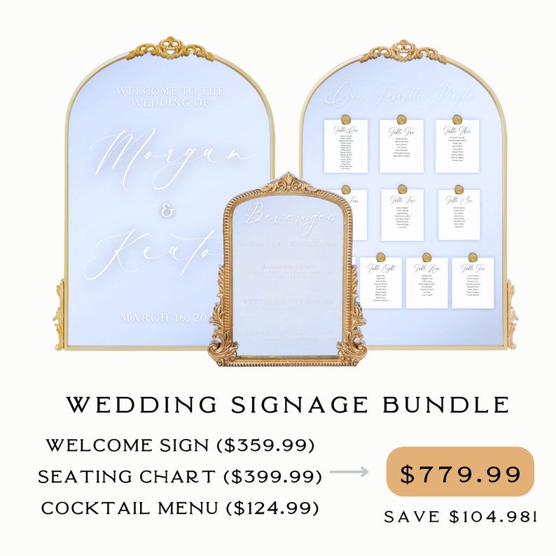 May include: A wedding signage bundle with three gold-framed mirrors. The welcome sign reads "Welcome to the Wedding of Morgan & Keaton, March 16, 20". The seating chart is blank and the cocktail menu is blank.