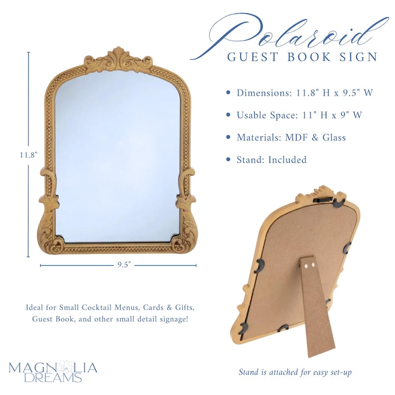 A gold wedding mirror being used as decoration for a wedding entrance table that has a polaroid guest book on it, with the wedding mirror having custom vinyl decal words on it that prompt wedding guests to leave a polaroid and a message as an alternative wedding guest book ideas.