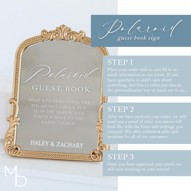 A gold wedding mirror being used as decoration for a wedding entrance table that has a polaroid guest book on it, with the wedding mirror having custom vinyl decal words on it that prompt wedding guests to leave a polaroid and a message as an alternative wedding guest book ideas.