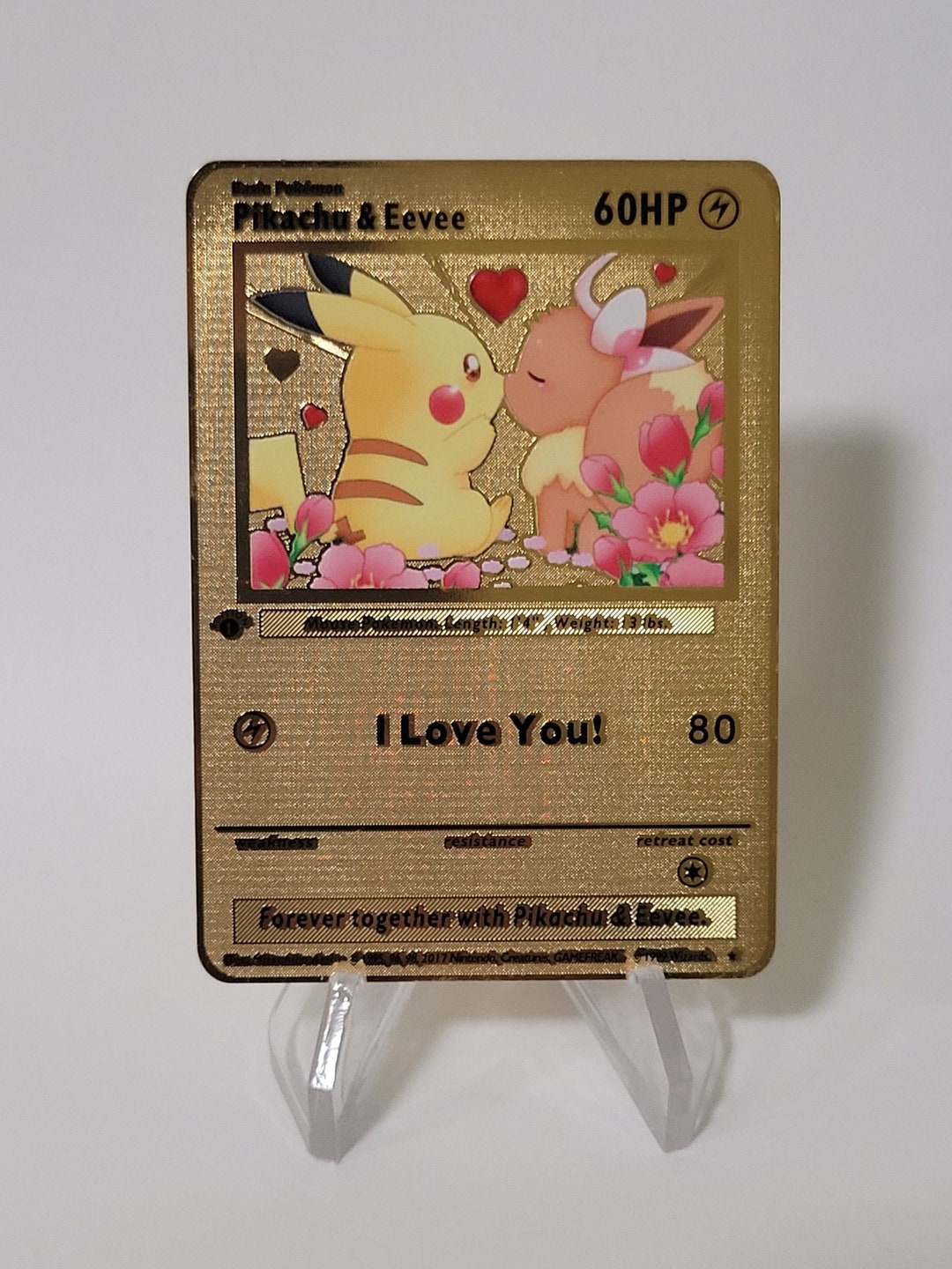 Pokemon Card Pikachu Eevee Gold Metal Card Custom Made Love Kiss Gift  Present Romantic Newly in Love