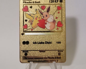 Pokemon Karte Pikachu & Eevee "Ich Liebe Dich" Gold Metall Karte Custom Made Liebe Herz Geschenk Frisch Verliebt Deutsche Karte Limitiert