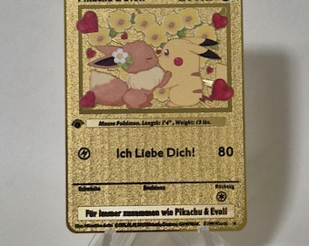 Pokemon Card Pikachu & Eevee "I love you" Gold Metal Card Custom Made Love Card Kiss Gift Flowers Romantic Freshly in Love