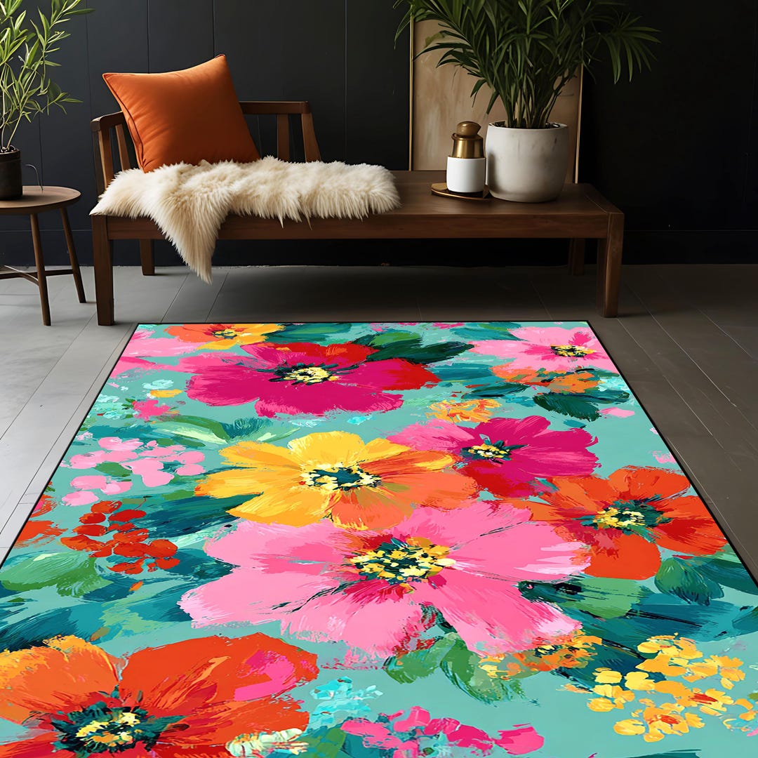 Colorful Rugs Above Colorful Watercolor Floral Area Rug, Turquoise Background Flower Carpet ...