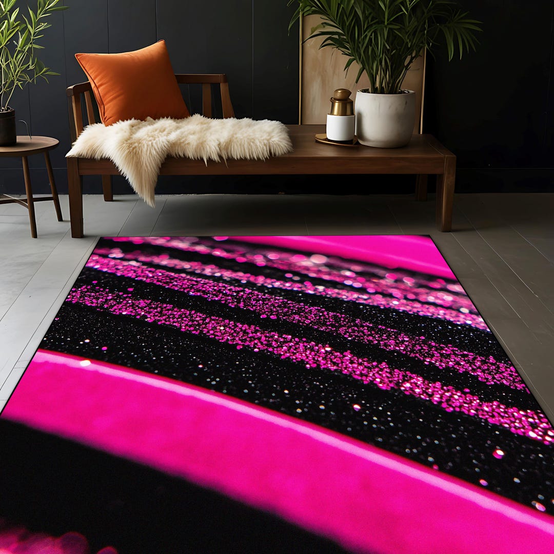 Pink Glitter Striped Rug: Modern Glam Microfiber Cotton Blend - Etsy
