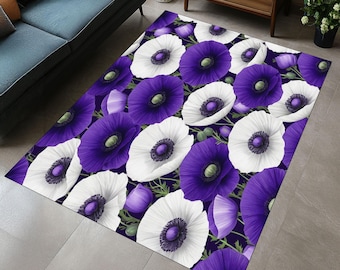 Purple and White Anemone Flower Rug - Modern Floral Art Carpet