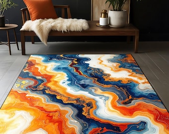 Alfombra Fire Tide Marble, alfombra de lujo azul y naranja que marca tendencia, decoración moderna de arte fluido.