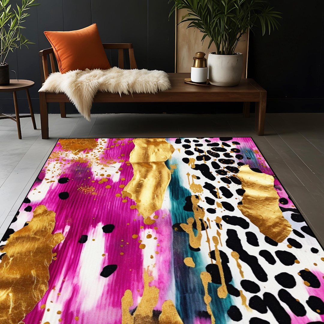 Pink Gold Abstract Rug, Modern Maximalist Area Rug, Hot Fuchsia Black ...
