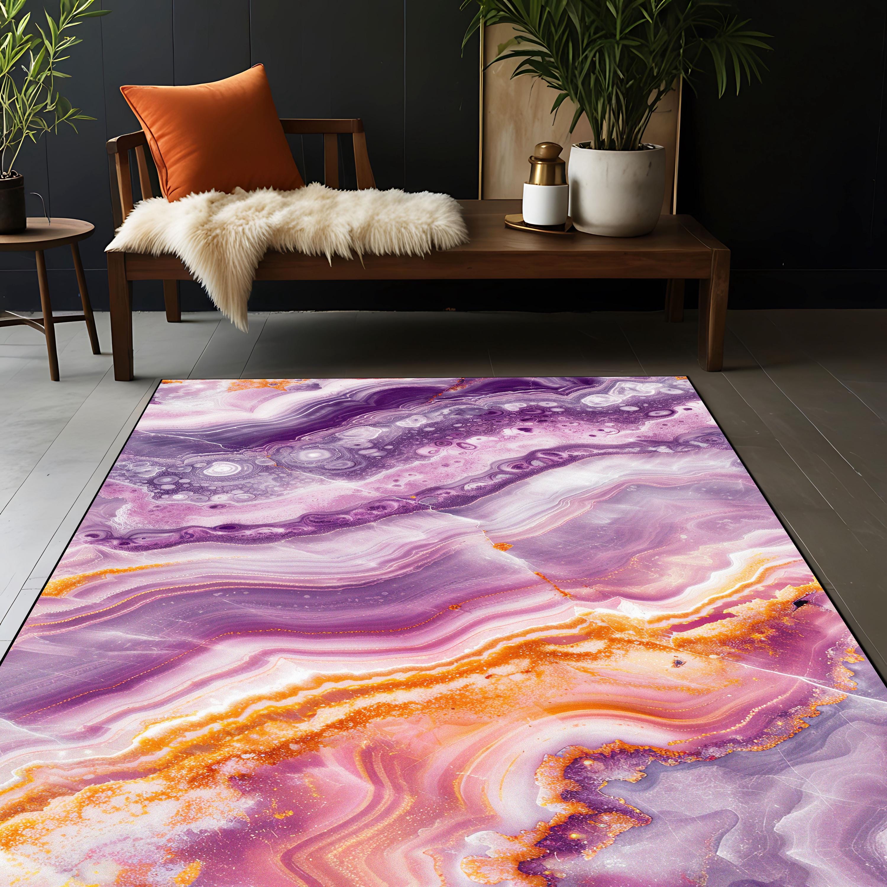 Amethyst Marble Pattern Rug: Purple, Orange & Lilac Crystal Veins