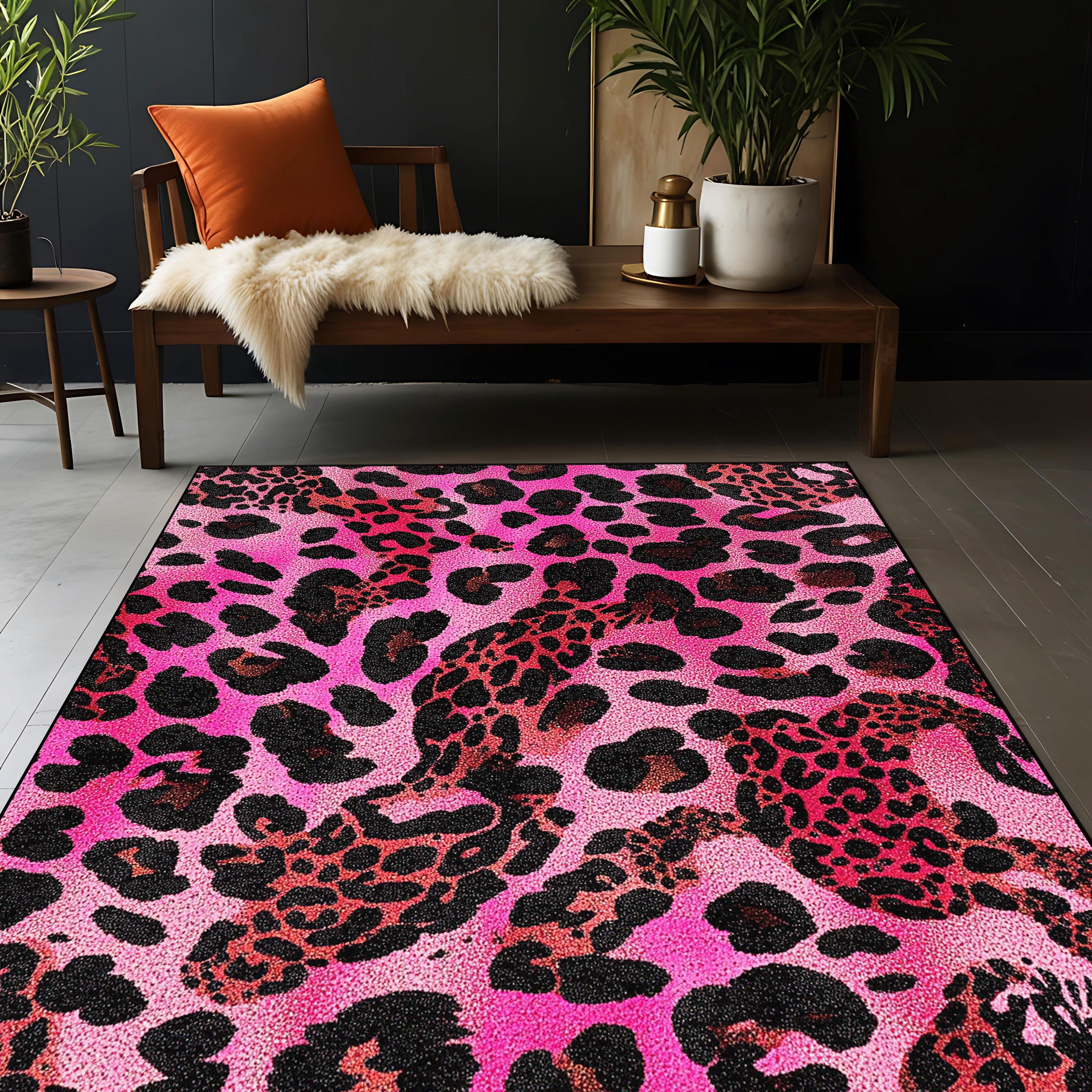 Luxury Pink Black Leopard Print Rug: Wild Elegance, Digital