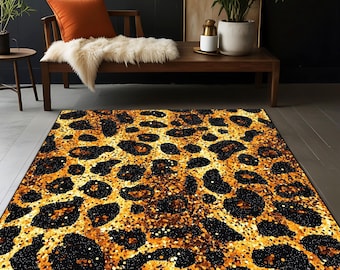 Glitter Leopard Print Rug: Modern Gold & Black Animal Design