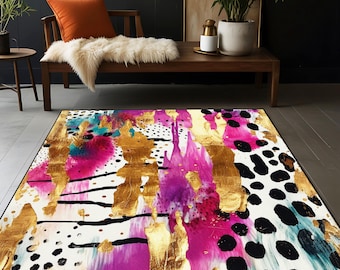 Alfombra abstracta con pinceladas doradas, diseño glamuroso rosa fucsia