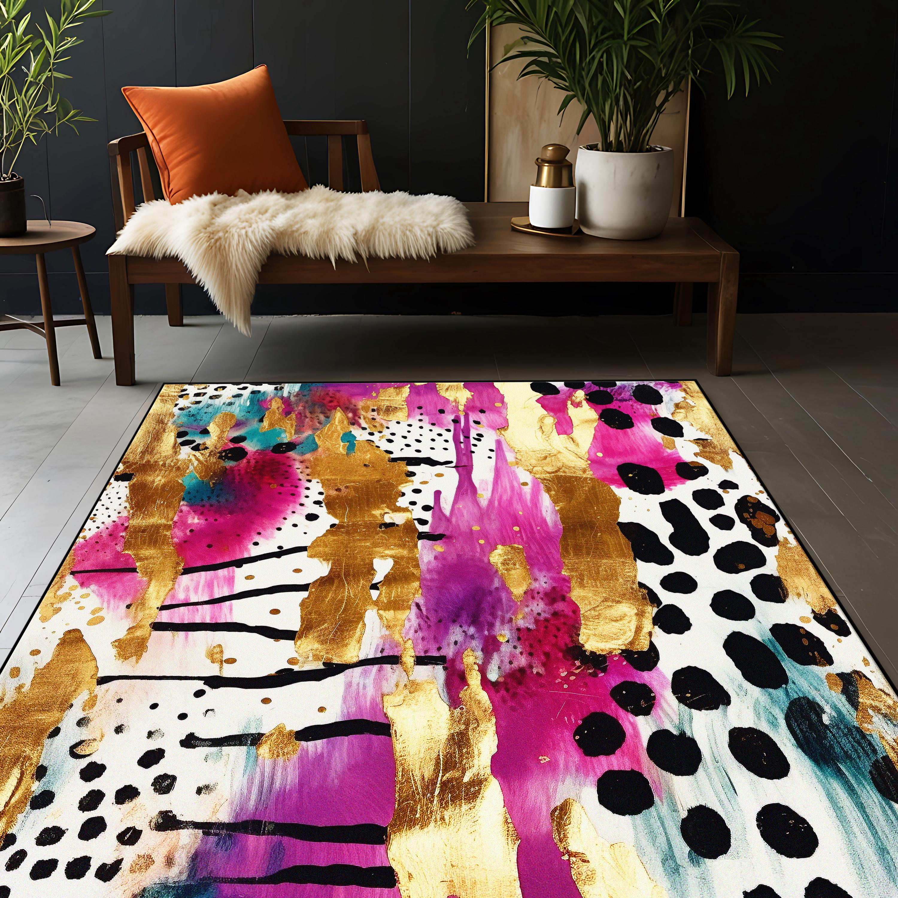 Abstract Gold Brushstroke Rug, Fuchsia Pink Glam Design - Etsy