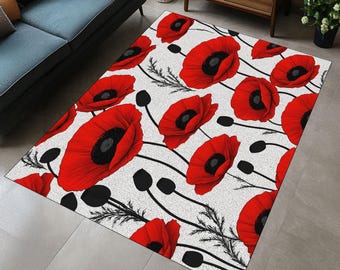 Alfombra de flores de amapola roja: Arte floral moderno, mezcla de algodón antideslizante