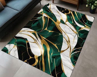 Puede incluir: Alfombra de área abstracta con un fondo de mármol blanco y patrones de remolino verde y dorado.