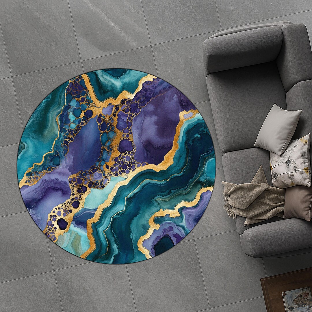 Geode Crystal Rug Amethyst Teal Agate Geode Rug: Purple Gold Stone River Design - Etsy
