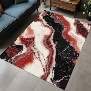 Tapis de luxe en marbre noir rouge, tapis noir veiné de rouge, tapis moderne aspect marbre, tapis artistique en marbre abstrait, tapis de sol à motifs noir rouge blanc éclatant
