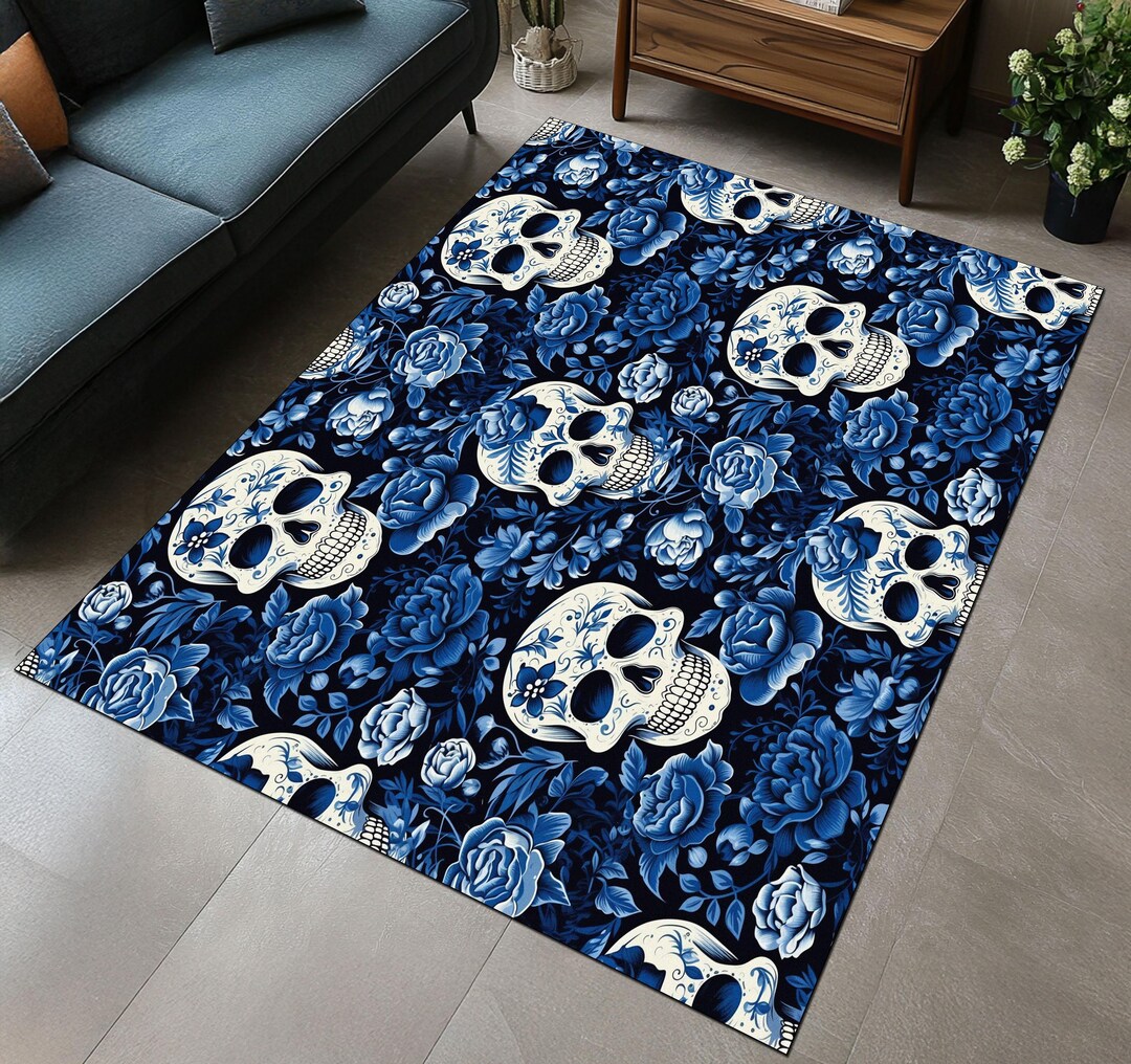 ブルーフローラルスカルラグ：モダンゴシックホームデコレーション