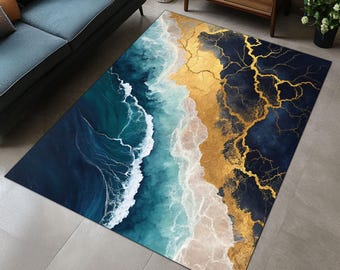 Alfombra Ocean Wave: Arte abstracto azul, blanco y dorado
