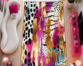 Abstract Gold Brushstroke Rug, Fuchsia Pink Glam Design