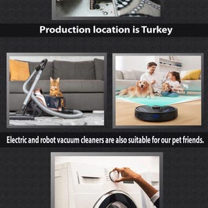 Puede incluir: Imagen que muestra la fabricaci&oacute;n de productos en Turqu&iacute;a, con una m&aacute;quina de coser y tela. Tambi&eacute;n, un gato en una aspiradora, una aspiradora robot y una lavadora con texto: Lavar en la lavadora a 30 grados sin centrifugado.