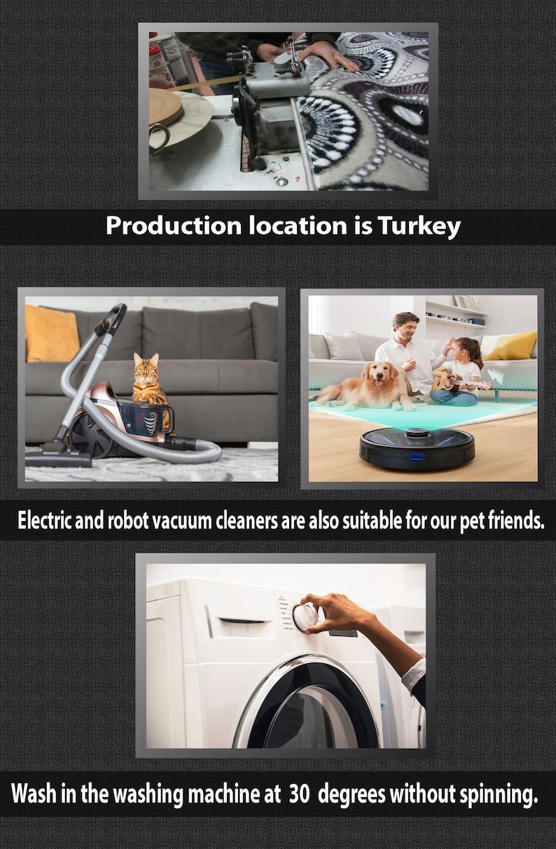 Puede incluir: Imagen que muestra la fabricaci&oacute;n de productos en Turqu&iacute;a, con una m&aacute;quina de coser y tela. Tambi&eacute;n, un gato en una aspiradora, una aspiradora robot y una lavadora con texto: Lavar en la lavadora a 30 grados sin centrifugado.