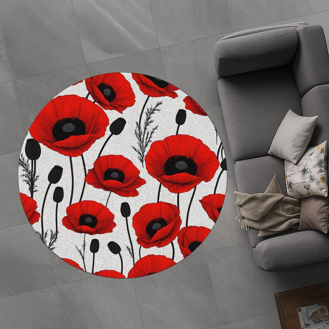 Popy Rugi Red Poppy Round Rug, Black and White Floral Pattern, Living Room ...