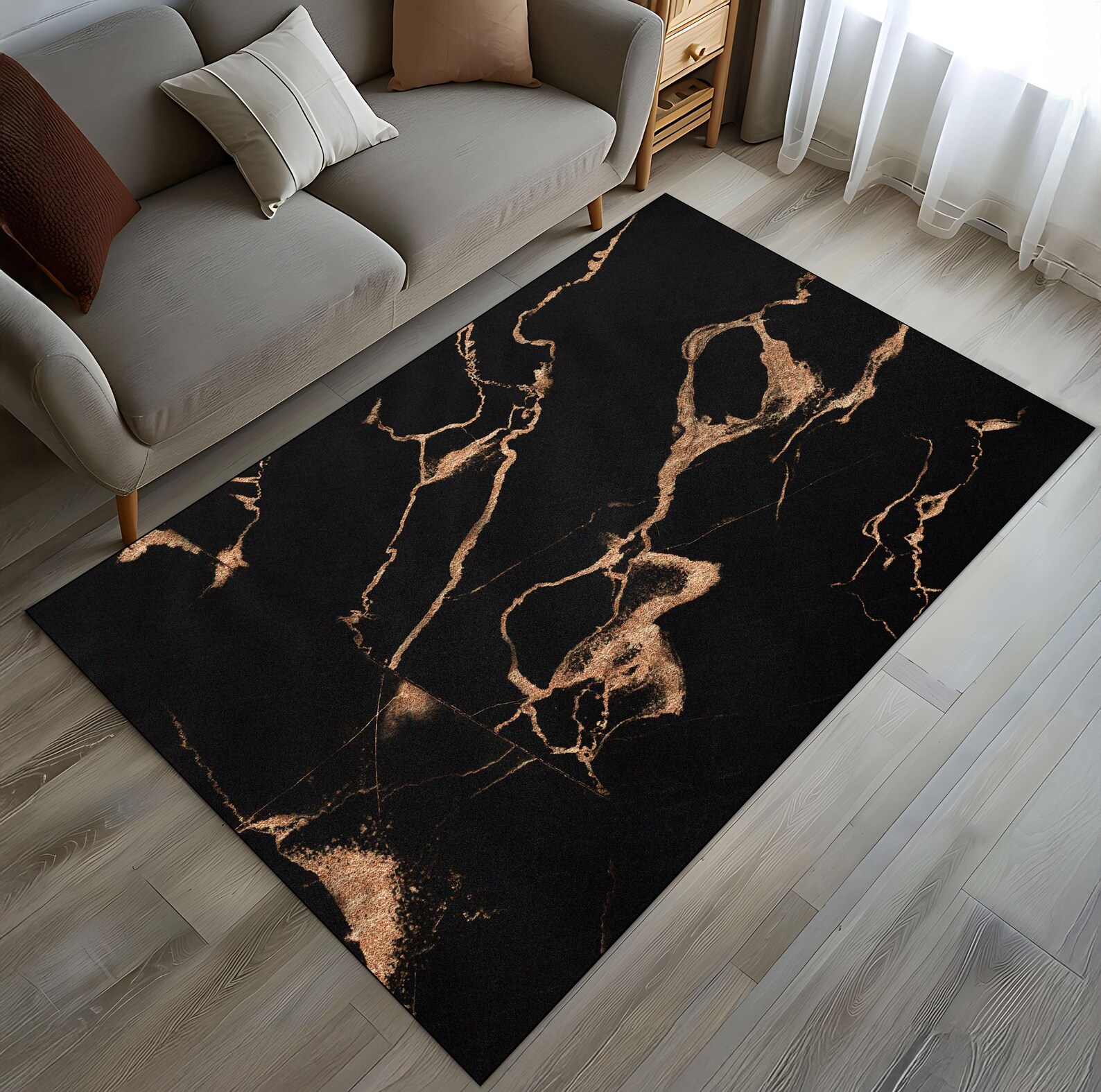 Black Marble Rug: Gold Veined Pattern, Modern Carpet - Etsy