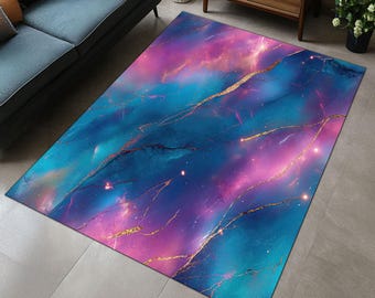 Pink Teal Marble Rug: Modern Gold Accent Carpet