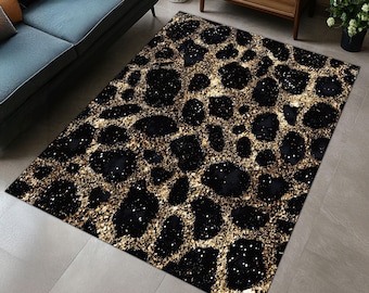 Gold Glitter Leopard Printed Rug: Black Modern Carpet