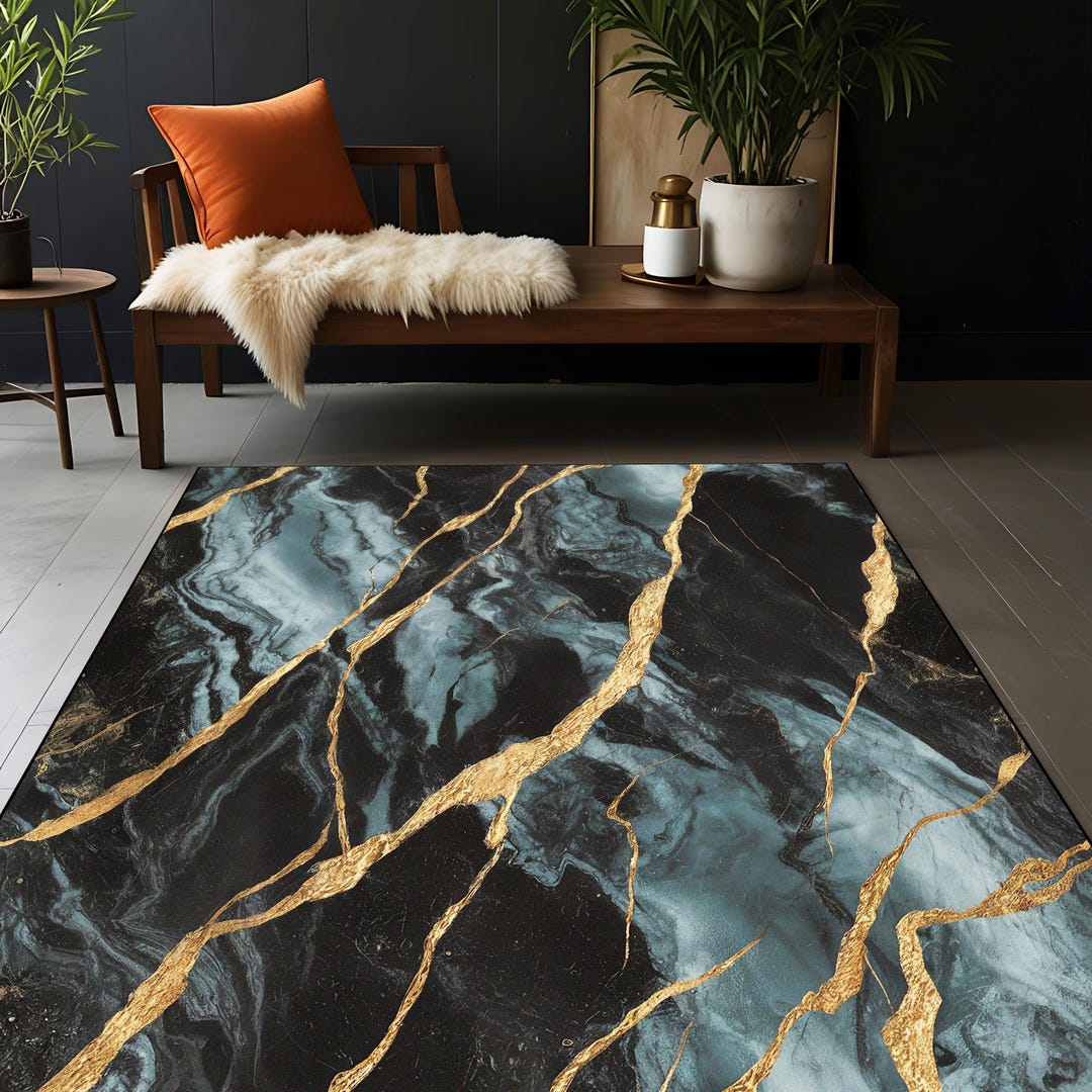 Blue Marble Rug Pattern Blue Gold Black Marble Rug, Luxury Marble Pattern Rug, Modern Marble ...