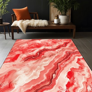 Tapis en marbre de luxe vagues rouges, tapis moderne rouge vif, tapis aspect marbre rouge abstrait, tapis rouge à impression numérique, tapis rouge abstrait