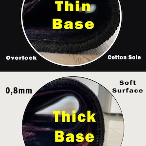 Puede incluir: Primer plano de una muestra textil enrollada. La secci&oacute;n superior muestra una base fina de 0,5 mm con una superficie firme, mientras que la secci&oacute;n inferior muestra una base gruesa de 0,8 mm con una superficie suave. Los bordes est&aacute;n rematados con una suela de algod&oacute;n.